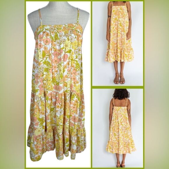 Girl And The Sun Yellow Floral Cami Strap Ruffle Midi Summer Dress - Picture 4 of 9